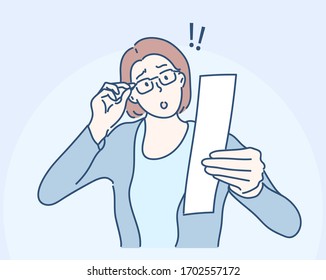 A girl is shocked when she saw the bill charged to her credit card. Hand drawn in thin line style, vector illustrations.