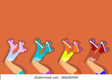 Girl shod in roller-skates. Many female legs. Picture with empty space for text
