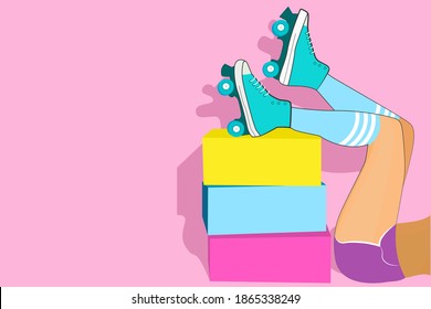 Girl shod in roller-skates. Women's feet on shoe boxes. Picture with empty space for text