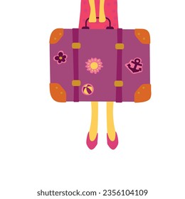 A girl in shoes holds a suitcase with travel stickers. Travel. Voyage. Summer rest. Summer. Flat design. Vector illustration.