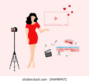 the girl shoots a video for social networks on the camera	
