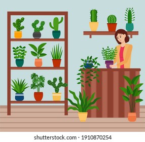 Girl shop assistant stands at the table in shop with houseplants, vector illustration