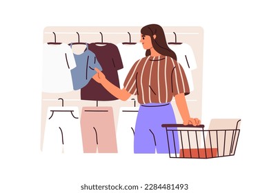 Girl shopper choosing clothes. Young woman shopping in fashion store. Female buyer customer with trolley searching garment hanging in mall. Flat vector illustration isolated on white background