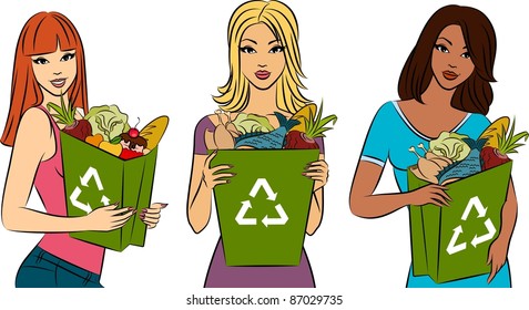 Girl with a shopping bag filled with healthy meal ingredients. Vector
