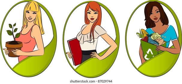 Girl with a shopping bag filled with healthy meal ingredients. Vector