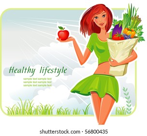 Girl with a shopping bag filled with vegetables