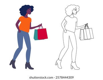 A girl with shopping bags. An African woman shopping.   An illustration of a stylish woman with shopping bags. An African woman in a bright stylish outfit. An outline illustration of a woman shopping.