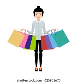 girl with shopping bags in both hands on white background. purchase, sale. the cartoon character. vector illustration.