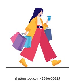 Girl with shopping bags and coffee - vector shopping illustration.