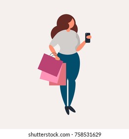 Girl with shopping bags . Happy shopper with smartphone. Buyer cartoon female character in simple flat style. Big sale concept.