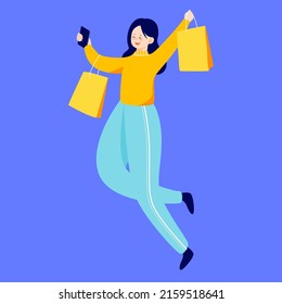 Girl is shopping with shopping bags, memphis background, vector illustration