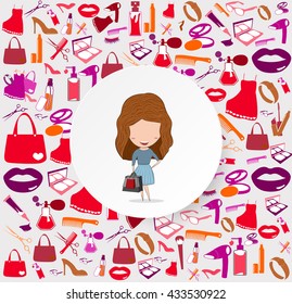 Girl with shopping bags on cosmetic, make up and beauty icons and background. 