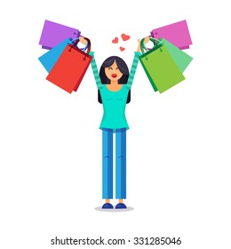 Girl with shopping bags. Sale action of the shop. Vector