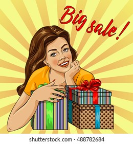 Girl with Shopping Bags. Sale Banner Pop Art Comic Style. Big Discount. Vector illustration