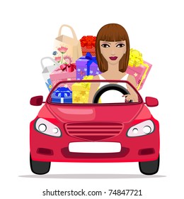 Girl with shopping in the car