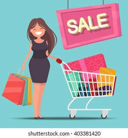 Girl with shopping cart and bags. Sale. Vector illustration