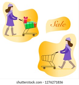 Girl with shopping cart empty and full of gifts. Shopping women. Big Sale. Special Offer. Design concept for banner,  promotional materials, print.