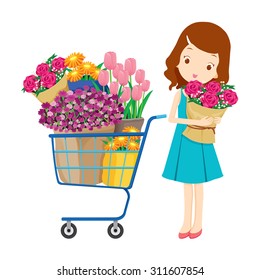 Girl and shopping cart full of flowers, goods, food, beverage, beauty, lifestyle