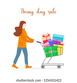 Girl with shopping cart full of gifts. Shopping women. Big Sale. Special Offer. Design concept for banner,  promotional materials, print.