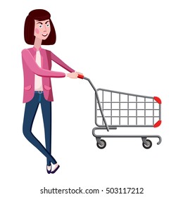 Girl with shopping cart icon. Cartoon illustration of girl with shopping cart vector icon for web