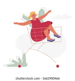 Girl in shopping cart vector isolated illustration. Modern flat character for web and app design, season sales, marketing materials, e-commerce.