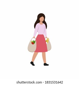 a girl with shopping is coming from the store. A woman is carrying bags of food and groceries. Discounts, promotions and sales.
