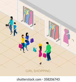  Girl shopping with friends and boyfriend in a shopping center isometric vector illustration 