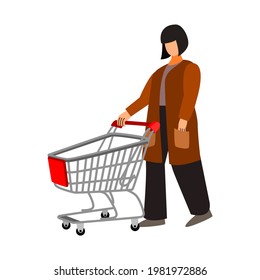 a girl shopping grab a shopping cart. female character design with brown coat short hair. flat design style. simple art