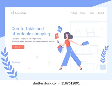The girl is shopping. In the hands of packages with goods and a mobile phone. Happiness, online shopping, discounts. Hero image site template.