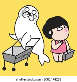 Girl is Shopping With Her Pet, A Seal. Pricy Cost Owner A Pet Concept Card Character illustration