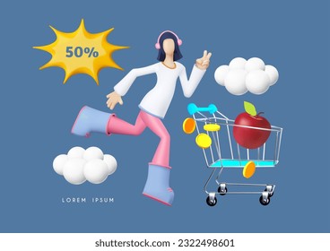 Girl in a shopping hurry. 3D running girl. Shopping concept. Sale design. Shopping cart, flying coins and apple
