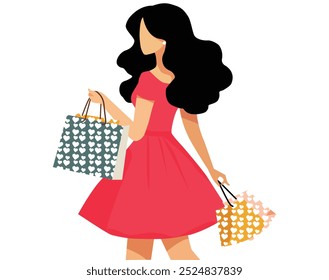 girl shopping illustration white background.