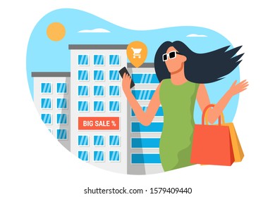 Girl is shopping in the mobile phone.