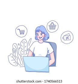 Girl shopping online character design of vector. Doodle illustration style. New normal lifestyle.