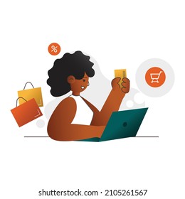 the girl is shopping online. Ecommerce concept. Remote shop. Vector stock illustartion eps10