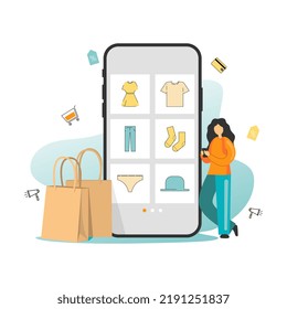 Girl shopping online flat vector illustration. Young woman buying, ordering clothes in internet store. Modern shopper, fashion boutique customer cartoon character. E-business concept