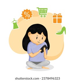 girl shopping online smartphone cartoon cute draw vector illustration design