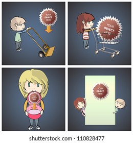 Girl shopping in the supermarket and giving a gift, child with truck, and children having a look behind a wall. Collection images of vector illustration.