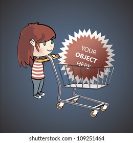 Girl shopping in the supermarket. Vector illustration.