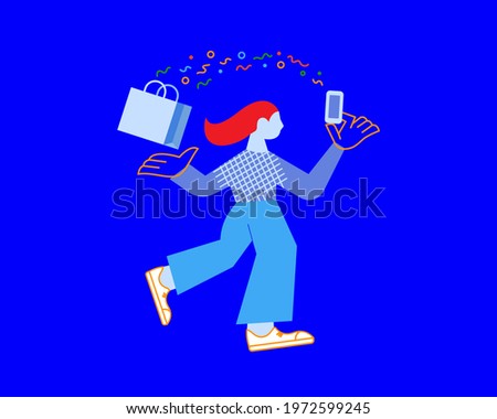 A girl shopping through a mobile app.Creative image for the landing page, website, app. Vector illustration in modern style.