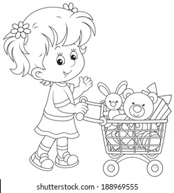 Girl with a shopping trolley of toys