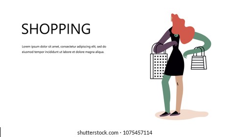 Girl with Shopping. Vector illustration flat design. Use in Web Project and Applications.