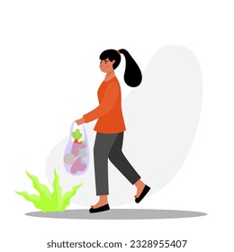 Chicas comprando verduras usando la ilustración de bolsas de plástico. Niña caminando lleva la ilustración vectorial de la bolsa de plástico.