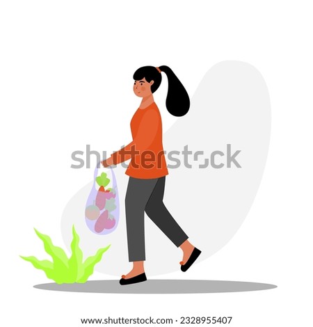 Girl shopping vegetable using plastic bag illustration. Girl walking carry plastic bag vector illustration.