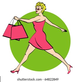 Girl shopping while holding two bags as if walking in a mall, store or on a runway as if she is a model.