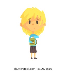 Girl With Short Blond Hair And Backpack, Primary School Kid, Elementary Class Member, Isolated Young Student Character