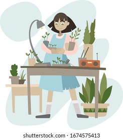 A girl with short brown hair stands at a table surrounded by many plants is engaged in seedlings. Spring vector illustration.