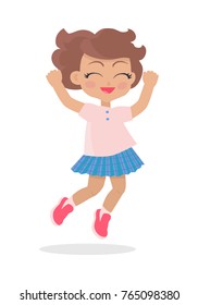Girl with short brown wavy hair jumping with closed eyes. Nice female person in pink t-shirt, blue skirt and sneackers. Pink flush on face. Simple cartoon style. Happy childhood. Flat design. Vector
