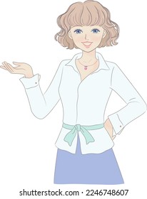 girl with short curly hair holding out hand for presentation