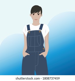 
girl with short dark hair in overalls